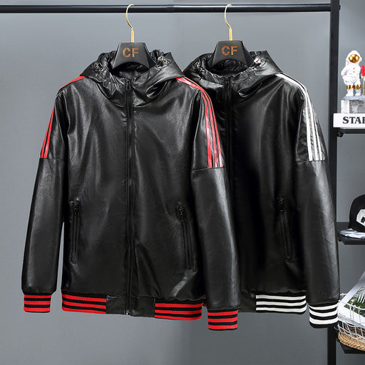 Winter Three Bars Hooded Leather Coat Coat Men