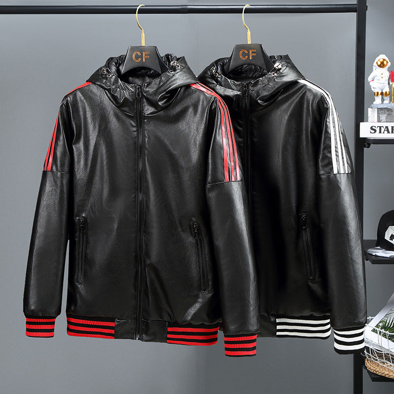 Winter Three Bars Hooded Leather Coat Coat Men